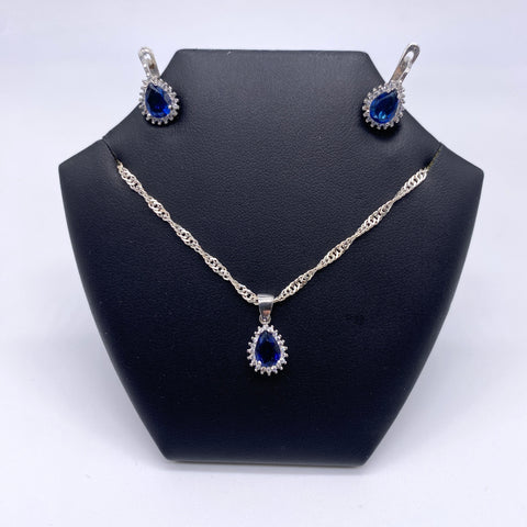 K001 925 Sterling Silber Damen Ketten Set mit Blau & Weißen Zirkonia inkl. Ohrringe